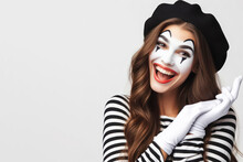 Portrait Of A Happy Mime Woman Copy Space On White Background