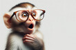 Surprised monkey wear glasses on white background copy space