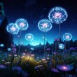 Dandelions, envisioned as futuristic botanicals, with bioluminescent seeds, metallic stems glowing under twilight, set in a cybernetic meadow overlaid with holographic projections of distant galaxies