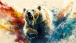 The white bear roared in full. Charges sideways in front of the camera with a ferocious expression. The image was captured in a dynamic watercolor style. 