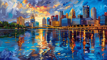 horizontal impasto oil painting of the pittsburgh skyline. generative ai