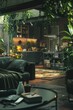 Detailed, moody 3D scene of a biopunk apartment, where technology and nature are fused in domestic life