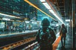 Detailed scene of a cyberpunk train station, with passengers plugged into augmented reality, oblivious to their surroundings