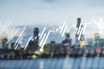 Poster - Multi exposure of abstract virtual financial graph hologram on blurry skyline background, forex and investment concept