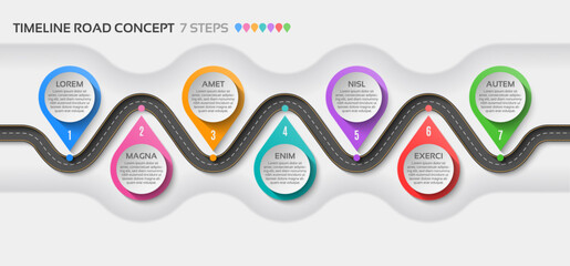 Wall Mural - Isometric navigation map infographic 7 steps timeline concept. Winding road.