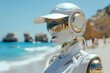 Donning chic beach attire, the robotic traveler captivates onlookers with its effortless grace and charm, realistic , cinematic style.