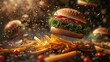 Burgers and fries flying through the air, with vibrant colors and detailed textures creating an attractive visual composition