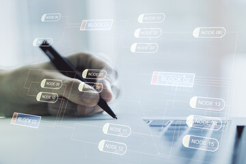 Aufkleber - Multi exposure of abstract software development hologram and hand writing in notebook on background with laptop, research and analytics concept