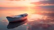 Tranquil Sunset at Sea - Lonely Boat on Calm Waters - Golden Hour Serenity
