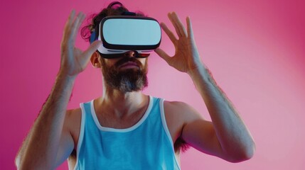 Aufkleber - Bright portrait of young man in VR glasses, working at home