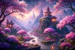 A wide fantasy sakura cherry blossom landscape with a beautiful lake during spring