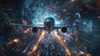 A dramatic depiction of an airplane passing through a space-time warp dimension