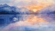A serene watercolor painting of a swan gliding on a glassy lake at sunset