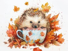 A Watercolor Painting Of A Hedgehog In A Teacup