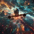 An airplane entering a warp dimension, blending advanced technology and aviation