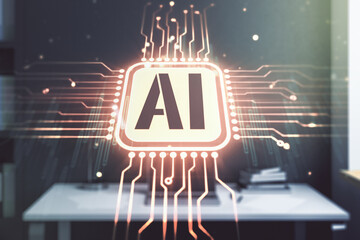 Poster - Creative artificial Intelligence symbol concept and modern desktop with computer on background. Multiexposure