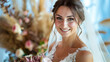 portrait of a bride, happy bride with wedding dress, bride with wedding flowers, close up of a bride