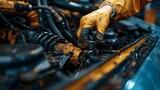 Fototapeta  - A woman mechanic fixing a car engine, her greasestained hands a badge of her expertise and selfreliance