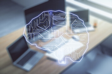 Poster - Double exposure of creative human brain microcircuit and modern desk with computer on background. Future technology and AI concept