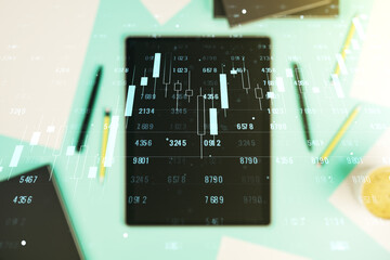 Poster - Abstract creative analytics data spreadsheet and modern digital tablet on desktop on background, top view, analytics and analysis concept. Multiexposure