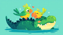 A Cartoon Drawing Of A Crocodile With Two Birds On Its Back