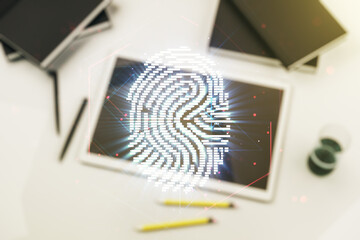 Aufkleber - Multi exposure of abstract fingerprint scan interface and modern digital tablet on background, digital access concept