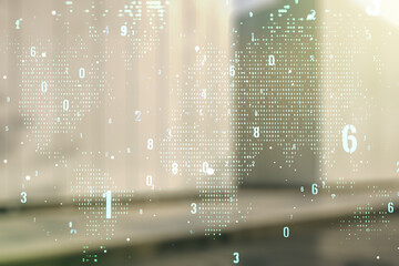 Poster - Double exposure of abstract creative programming illustration and world map on contemporary business center exterior background, big data and blockchain concept