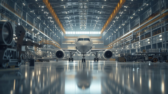 a sophisticated aerospace manufacturing facility with assembly lines and precision tools, momentaril