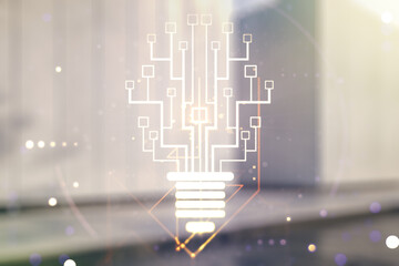 Poster - Double exposure of virtual creative light bulb hologram with chip on modern business center exterior background, idea and brainstorming concept