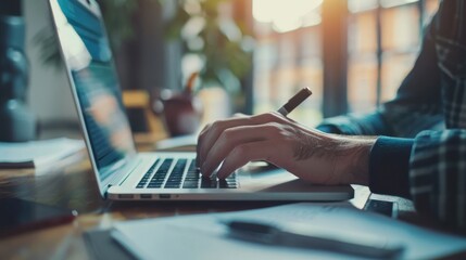 Poster - The concept of Elearning, online work. A businessman works on a laptop computer, searches and takes notes on a paper notebook with a pen. Students attend online classes.