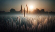 A serene composition of dew-covered stalks of grass in the early morning, positioned in the upper right quadrant,