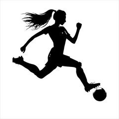 Female soccer player silhouette  vector. Female football. silhouette of athlete soccer players with ball in motion, action isolated on white background.