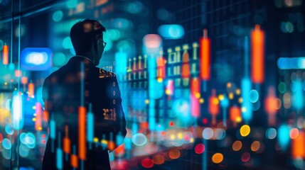 Poster - Graphs of forex trading graphs, financial data, market summaries, city double exposure concept. Abstract finance background, businessman analyzing graphs of forex trading.