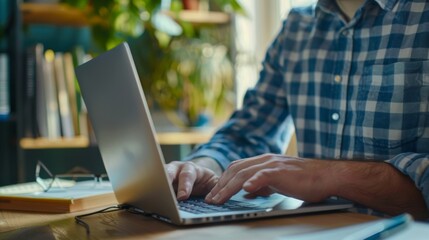 Poster - an image of a businessman typing on a laptop computer at home. a man browsing the internet at home. 