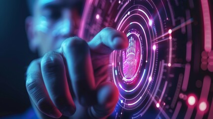 Poster - Concept depicting digital banking, online payments, online marketing, and personal financial data protection. A man scans his fingerprint via a mobile banking app with face identification and