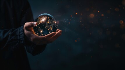 Poster - An internet network connection, the IoT Internet of Things, a business intelligence concept. A businessman clutching a global network and a futuristic technology background.
