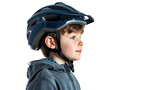 Fototapeta Motyle - Portrait of a playful funny kid in a safety helmet on transparent
