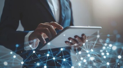 Wall Mural - A businessman working on a tablet computer. Business global internet network technology, social media marketing, finance and banking, the data link, digital technology and global business.