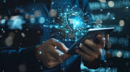 Poster - cybersecurity and data protection. a businessman protects business and financial data with a digital