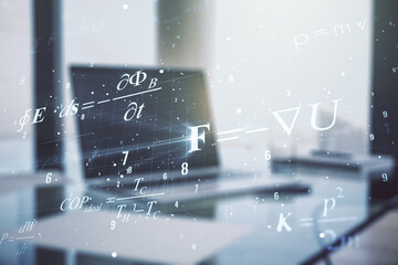 Poster - Double exposure of creative scientific formula concept on laptop background, research and development concept