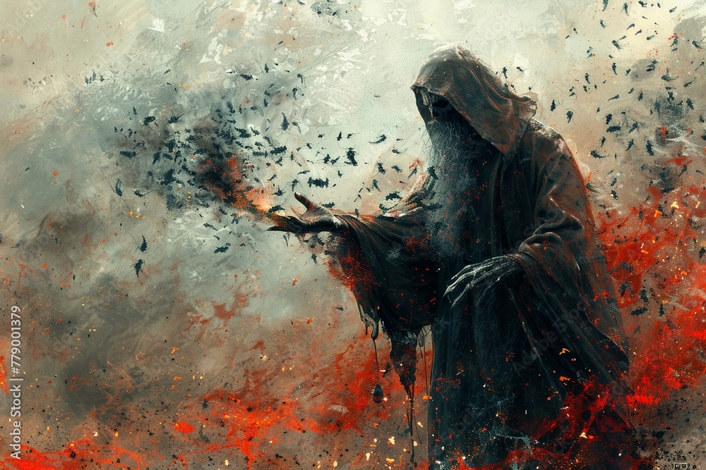 evil sorcerer casting a spell to release the black insects from his ...