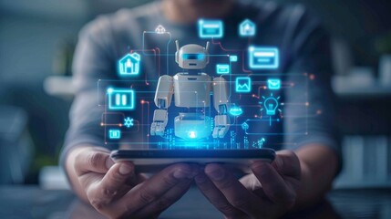 Poster - Using mobile smart phone with digital chatbot, contact us interface, Chat GPT, AI Artificial Intelligence, conversation assistant, customer service concept.