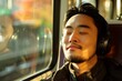 Asian man enjoying music with closed eyes