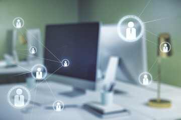 Aufkleber - Double exposure of social network icons concept with modern laptop on background. Marketing and promotion concept
