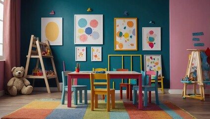 Wall Mural - Empty mockup frames on painted colorful wall of kindergarten or children's playroom, display and show mockup concept, copy space