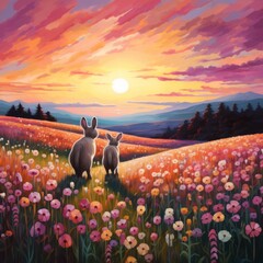 Two rabbits in a field of flowers at sunset