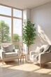 © Adobe Contributor - Two white armchairs in a bright living room with a large tree