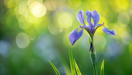 Dark blue irises blossoming in a garde banner n bokeh summer flowers greenery sunny day botany leaves petals blue purple blossom flower head flower bed