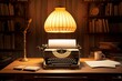 Vintage typewriter on a wooden table in a dimly lit room