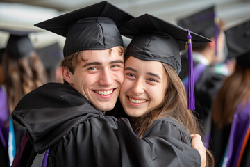 Poster - Joyful graduates sharing a hug on their graduation day, celebrating their academic journey.